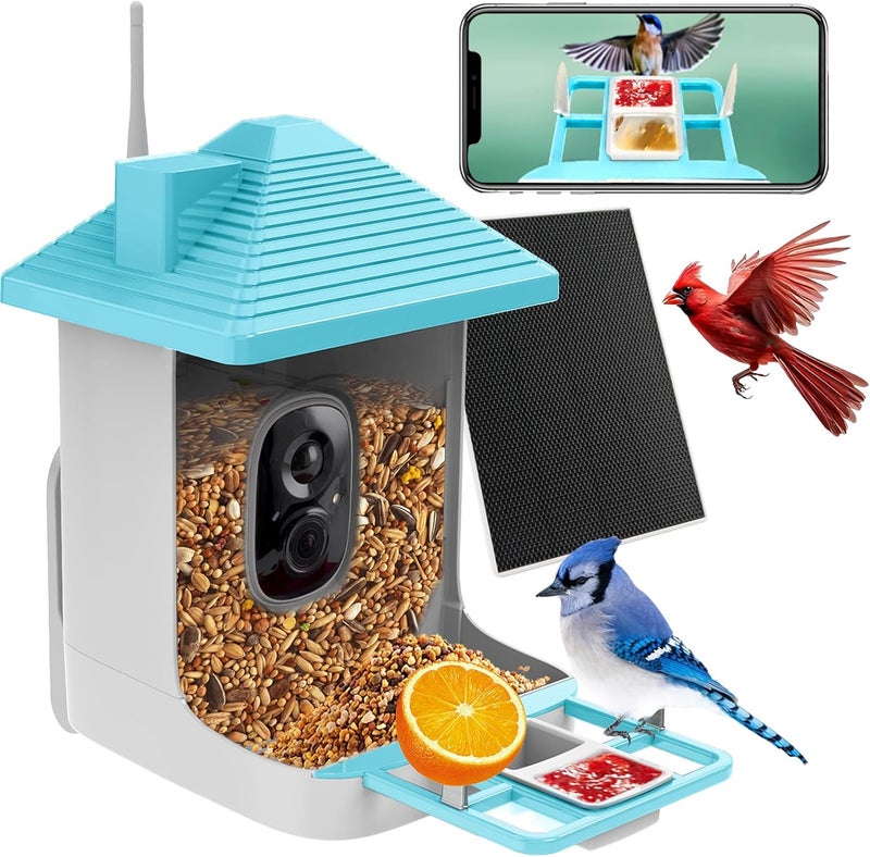 Aprilmin Smart Bird Feeder with Camera,AI Identify Species,Bird House with Solar Powered,Instant Arrival Alerts,2K Capture Video,Live View for Lover (Blue) - Image 1